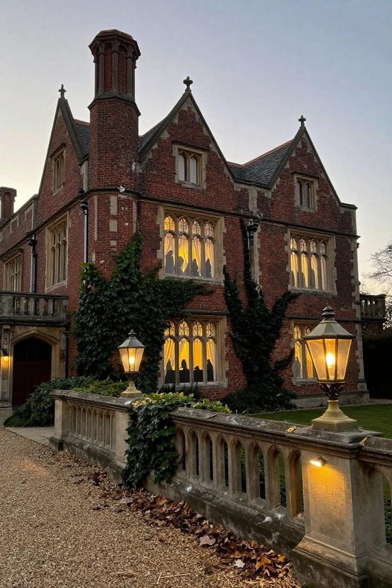 Red brick Gothic-style house at twilight with ivy climbing the walls, tall arched windows glowing from within and showing dark silhouettes, flanked by stone lanterns on a gravel path.