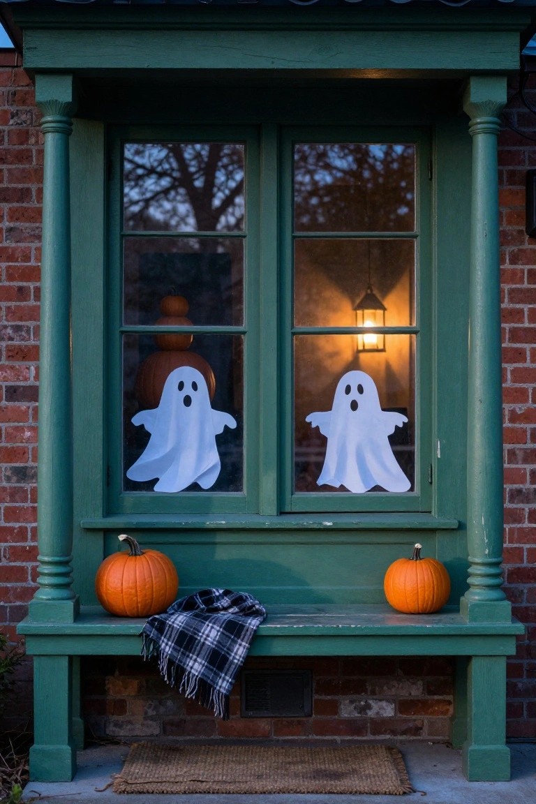 Green double-hung window on a brick house exterior with white paper ghost cutouts on the panes, a lit lantern inside, pumpkins on a green bench below, and a plaid blanket draped over the bench.