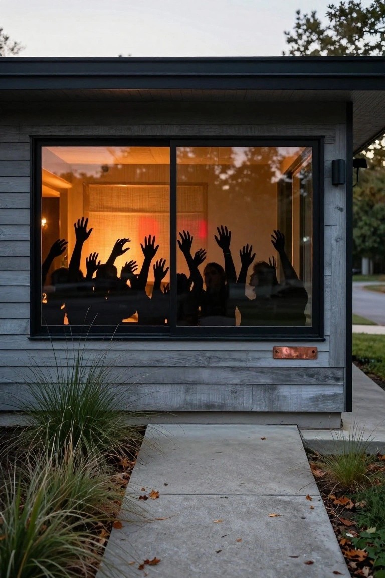 Exterior of a modern gray house at dusk showing a large window with black silhouettes of multiple figures raising their hands, backlit by orange interior light, surrounded by grasses and a concrete path.