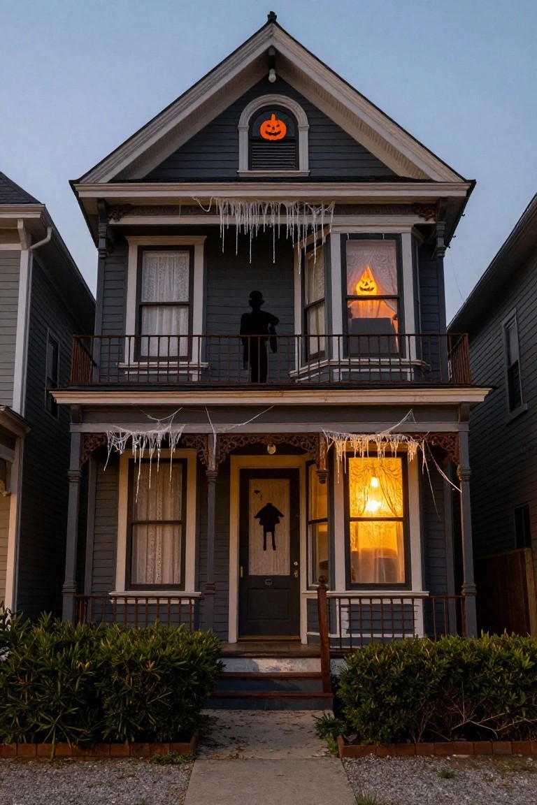 Gray two-story house with Victorian details at dusk, decorated for Halloween with cobwebs, orange jack-o-lantern window clings, a black silhouette figure in the second-floor balcony window, and lit interior windows.