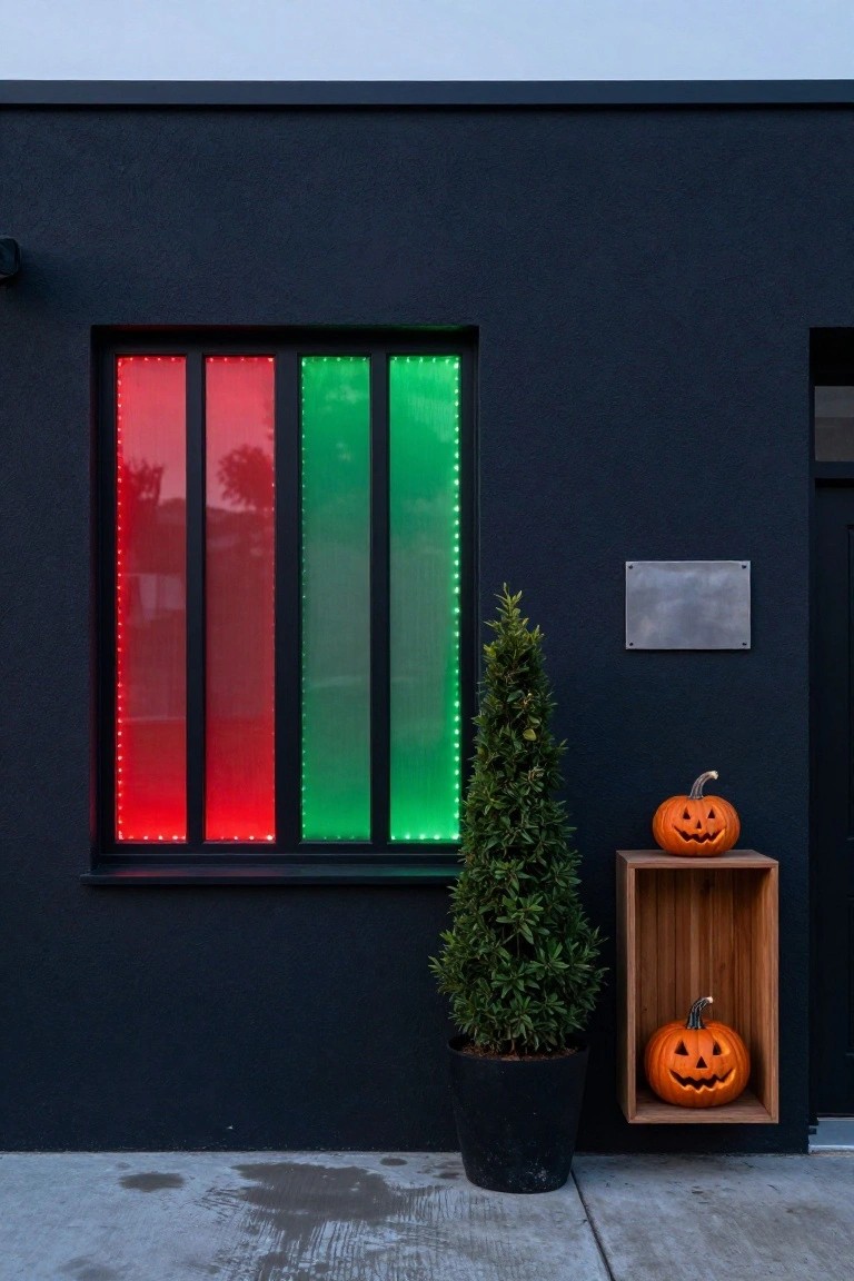 Dark exterior house wall with a multi-pane window featuring red lighting in the left sections, green in the right, and LED strips along the edges, next to a potted evergreen tree and wooden shelf holding two jack-o'-lantern pumpkins on a concrete path.