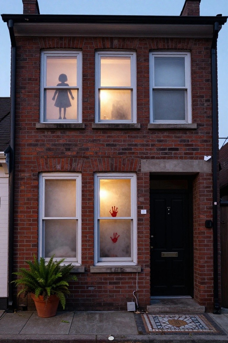 Brick terraced house exterior at dusk with frosted windows featuring a shadowy girl silhouette in one upper window, glowing light and two wine glasses in another, red handprints on a lower window, a potted fern by the entrance, and a black front door.