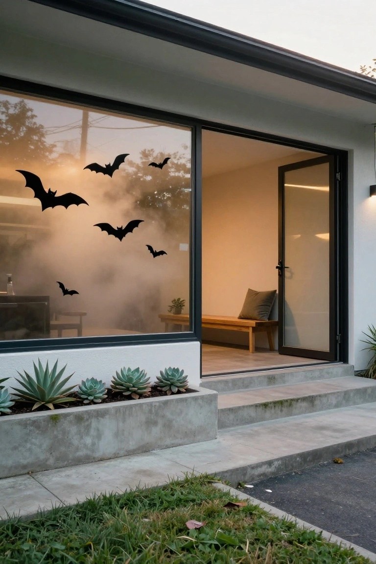Modern house exterior featuring large open glass sliding doors decorated with multiple black bat silhouette stickers and foggy mist effects on the glass, with agave plants in a concrete planter nearby and concrete steps leading up.