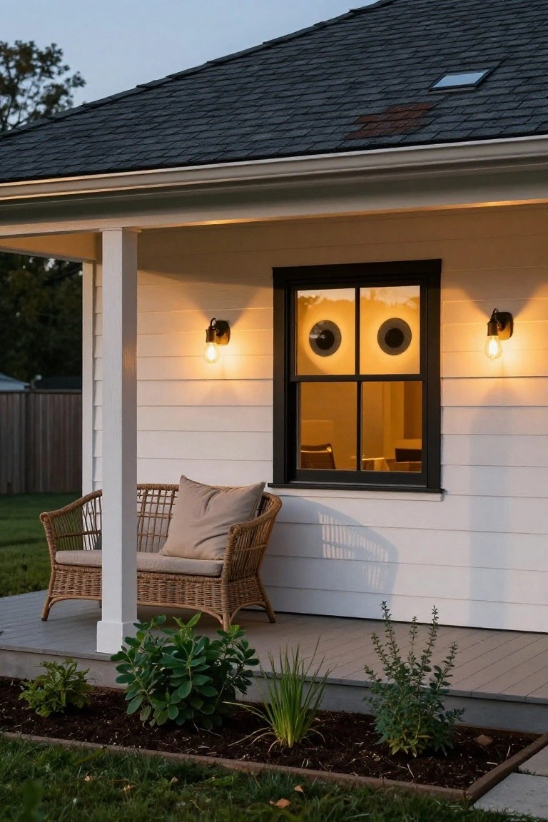 White shiplap house exterior at dusk showing a black-framed divided-light window with two large round white eyes on the panes, lit by black wall sconces, a wicker chair with cushion on the porch, and low plants in a garden bed.