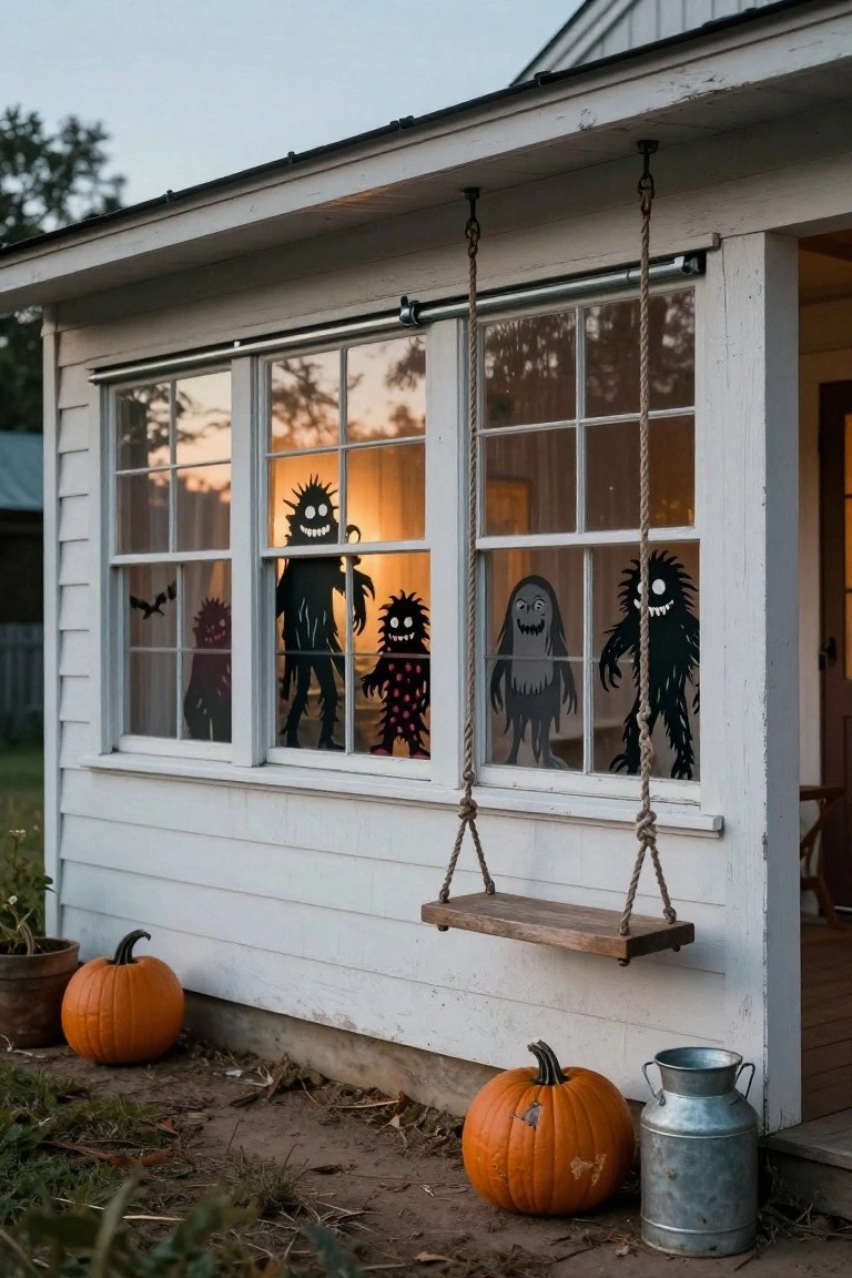 White wooden shed exterior at dusk with black paper cutout silhouettes of monsters on multipane windows, rope swing hanging beside, pumpkins and metal milk pail on the ground in front.
