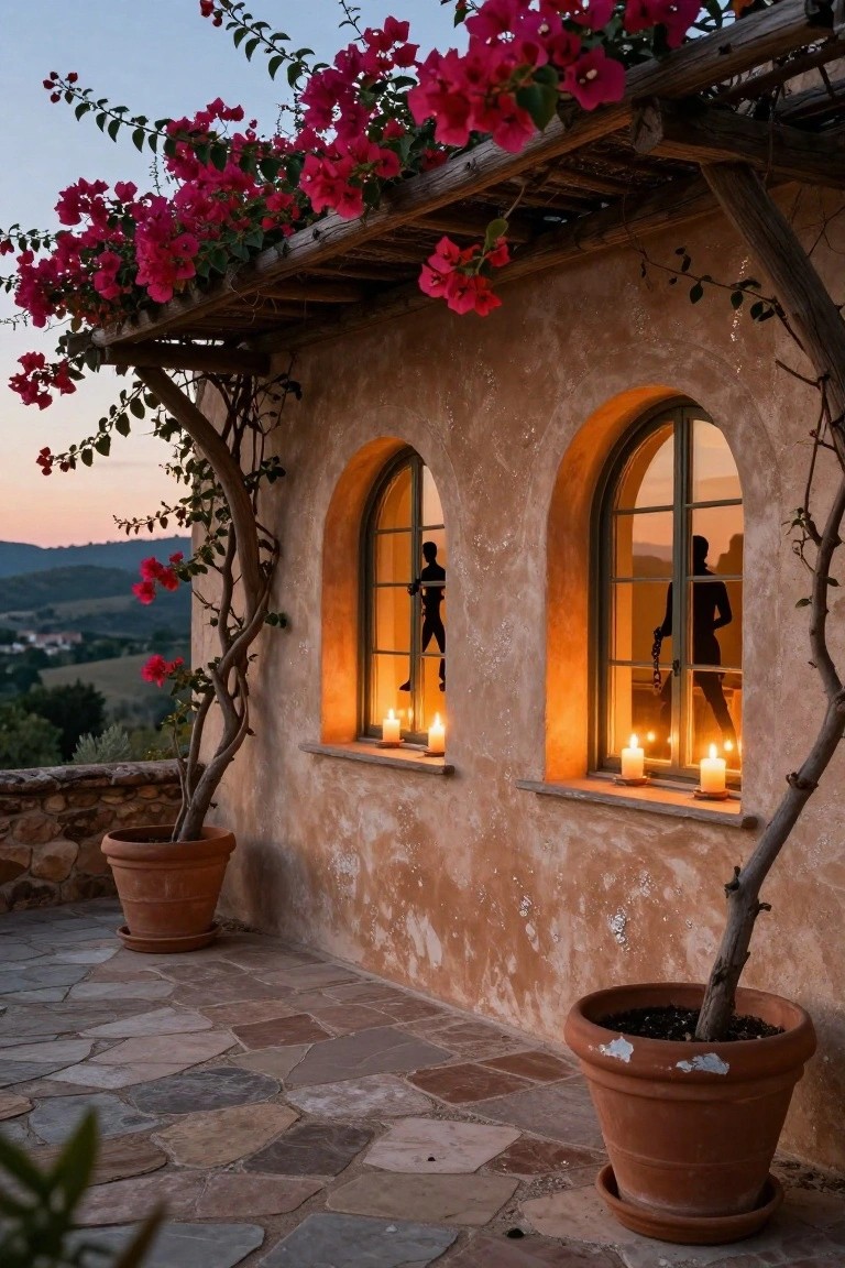 Exterior of a beige stucco house wall with two arched windows lit from inside by candles, showing black silhouettes of two standing figures with one holding chains, surrounded by pink bougainvillea vines, potted plants, and a stone terrace at sunset.