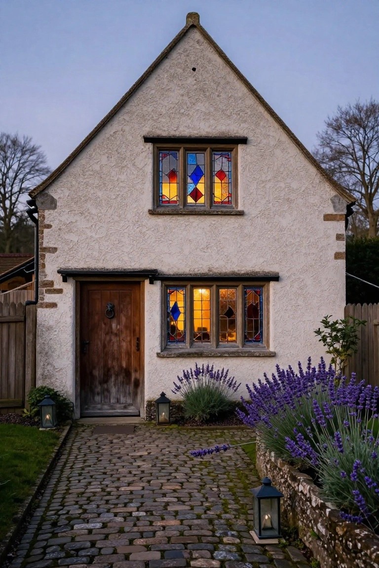 White cottage exterior with multicolored stained glass windows glowing from interior lights at twilight, wooden door, cobblestone path, lavender plants, and lanterns in the yard.
