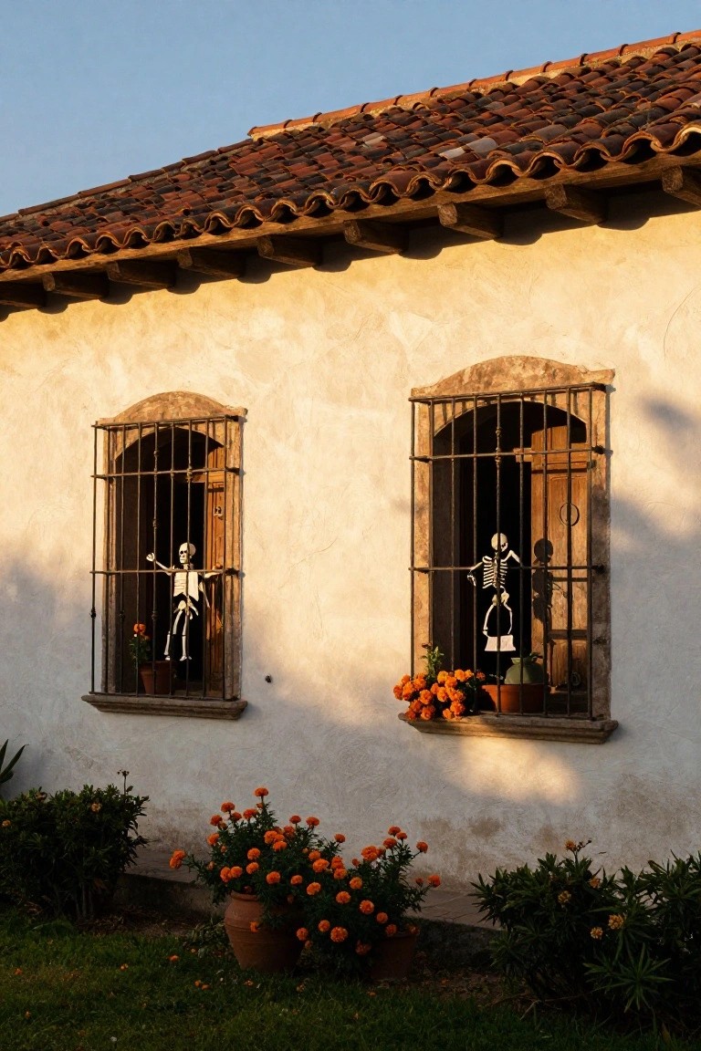 Two posed plastic skeletons visible through iron-barred arched windows on a white stucco house wall with terracotta tile roof above and potted orange marigolds below.