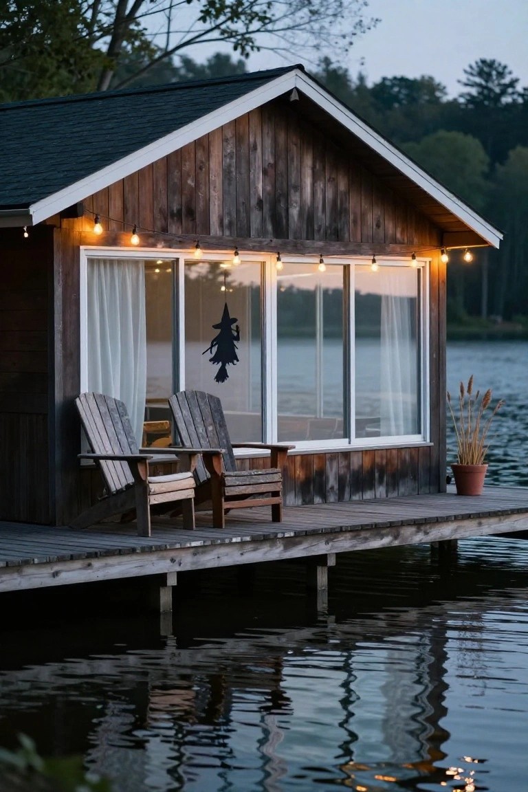 Lakeside wooden cabin with string lights, Adirondack chairs, and witch silhouette.