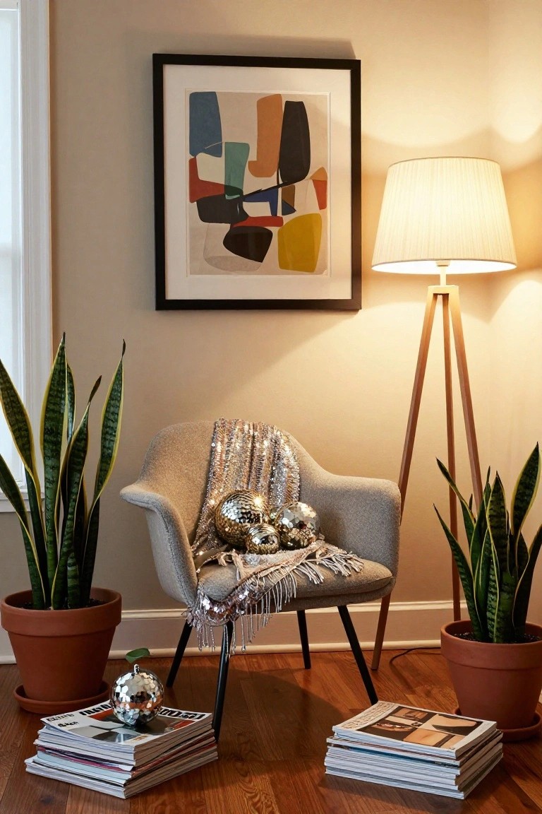 Gray upholstered armchair with silver sequin throw draped over it holding gold and silver disco ball ornaments, flanked by potted snake plants, beside a wooden tripod floor lamp and stacks of magazines on a hardwood floor in a beige room corner with abstract wall art.