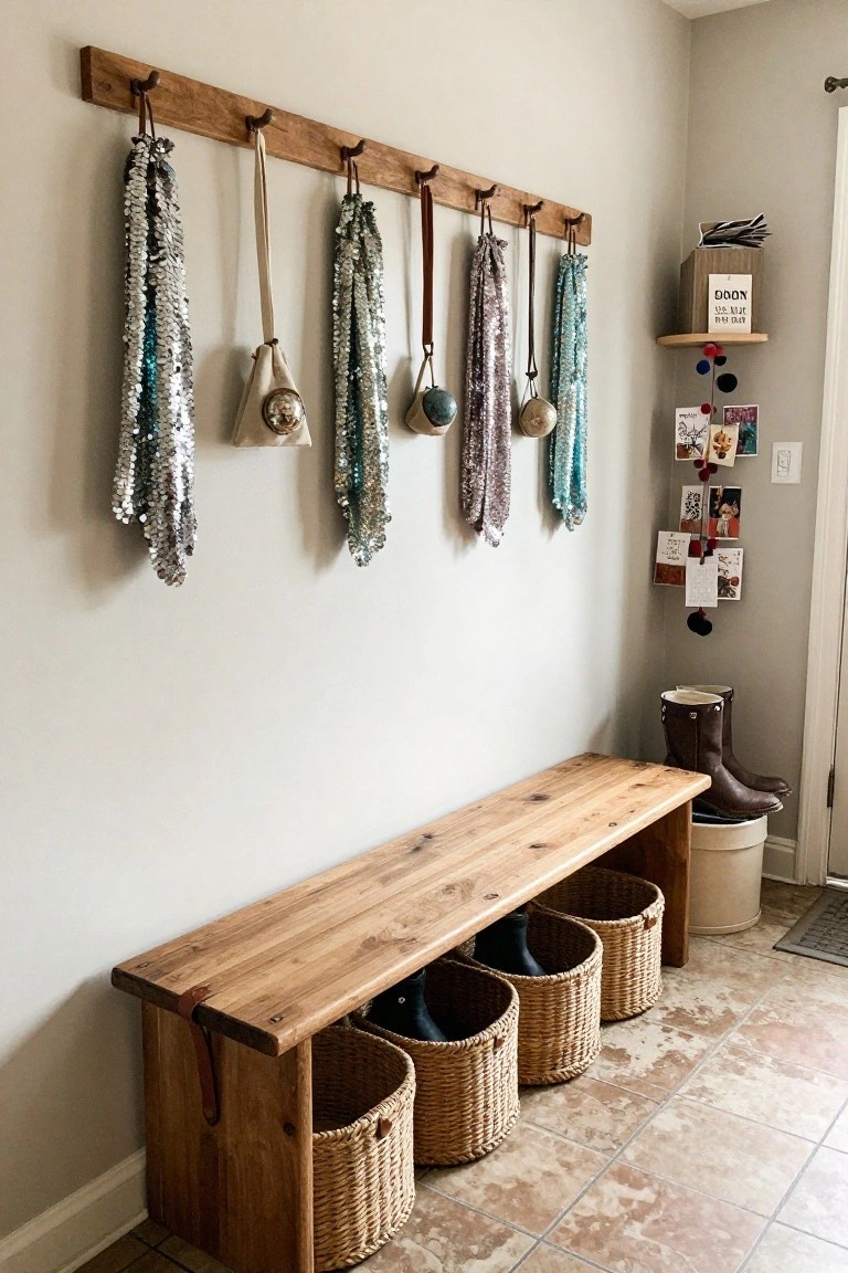 Entryway mudroom featuring a wall-mounted wooden hook rack with colorful sequin scarves hanging from leather straps, a wooden bench with three wicker baskets underneath holding shoes and boots, and nearby shelves with cards and decor.