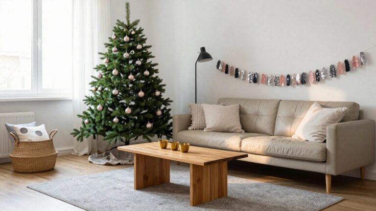 Living room corner with a decorated evergreen Christmas tree featuring pink, white, silver, and metallic ornaments, a leather sofa with throw blanket, wooden sideboard with brass candlesticks, seagrass basket, and sequin garland on the wall.
