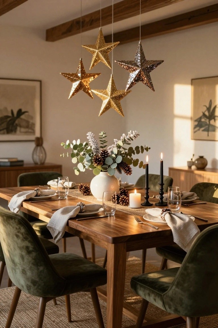 Dining room featuring a wooden table set with white plates, linen napkins, glassware, candles, pinecones, and a eucalyptus centerpiece under hanging gold and silver sequin star ornaments, with green velvet chairs and wooden beams overhead.