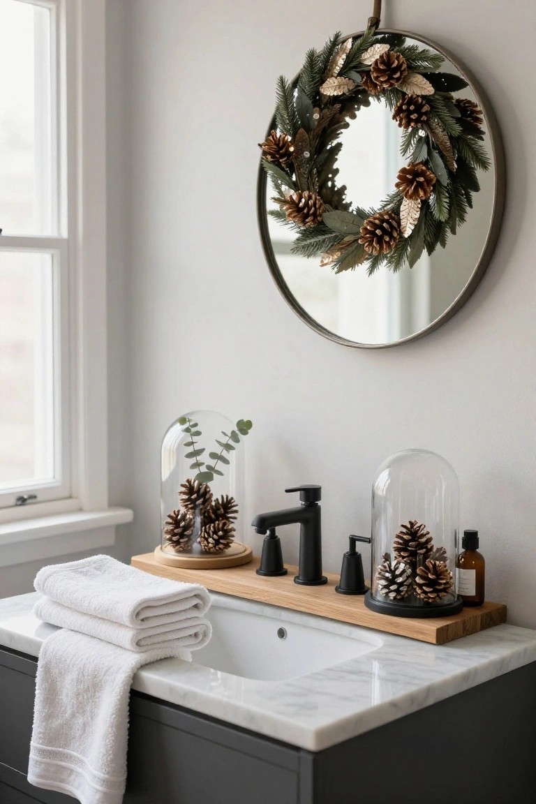 Bathroom vanity with white marble sink, black faucet on oak tray, two glass cloches containing pinecones and eucalyptus, stacked white towels, and round brass mirror with green and gold pinecone wreath above.