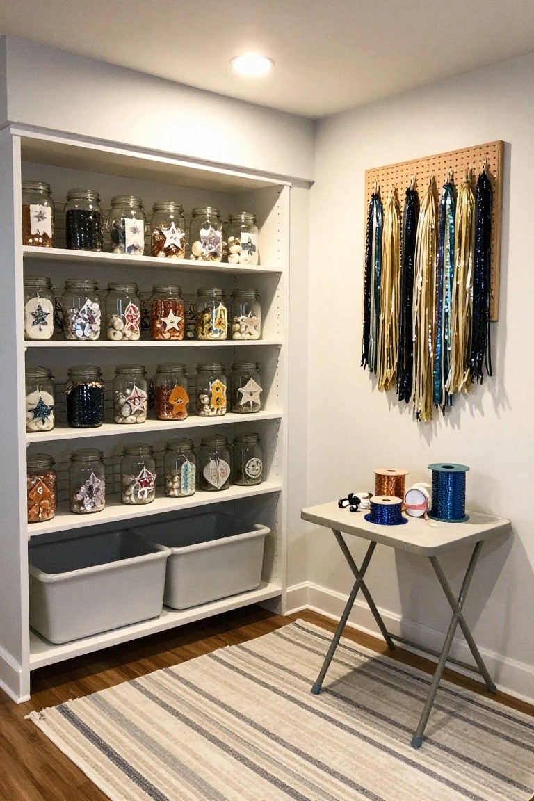 White corner shelving unit filled with mason jars containing beads, sequins, stars, and other craft supplies, beside a pegboard displaying hanging ribbons and a small table with thread spools in a room with a striped rug.