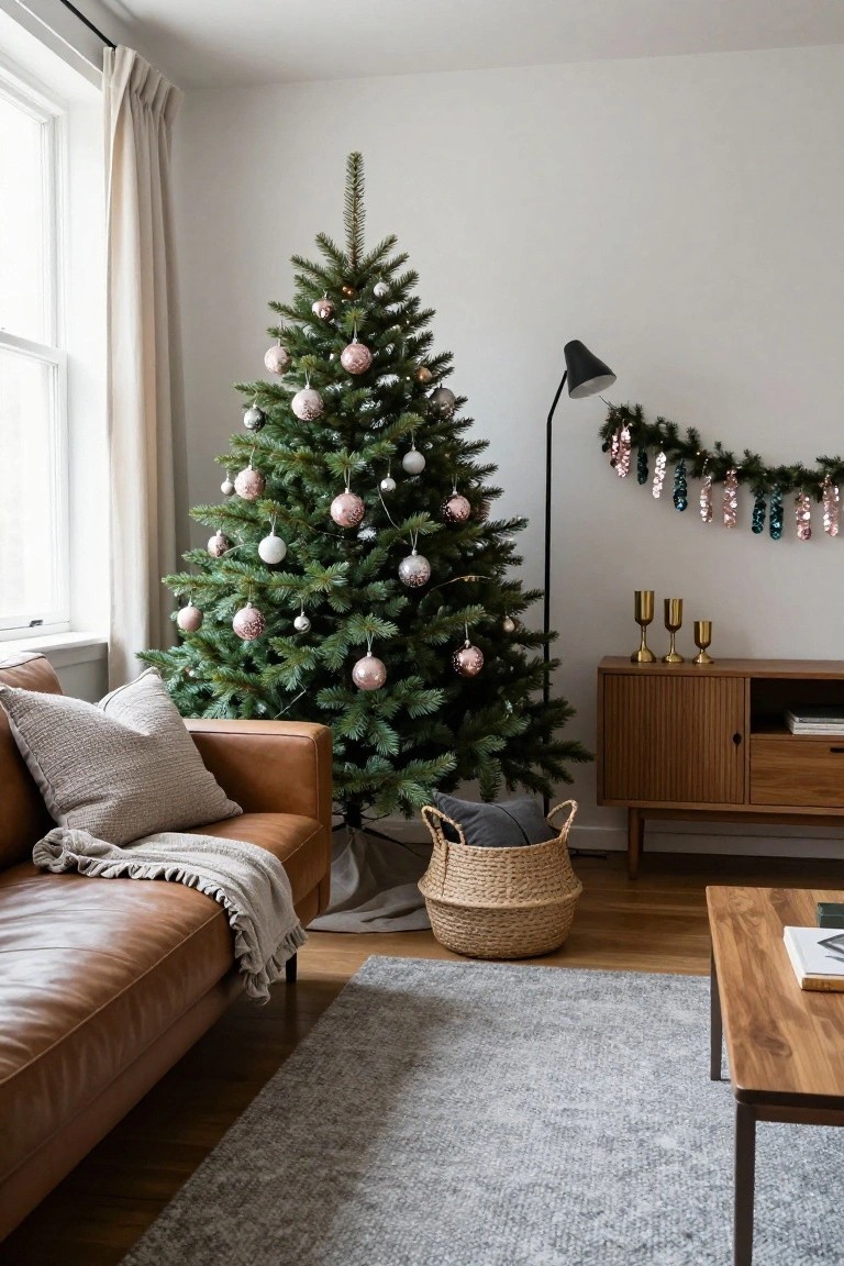 Living room corner with a decorated evergreen Christmas tree featuring pink, white, silver, and metallic ornaments, a leather sofa with throw blanket, wooden sideboard with brass candlesticks, seagrass basket, and sequin garland on the wall.