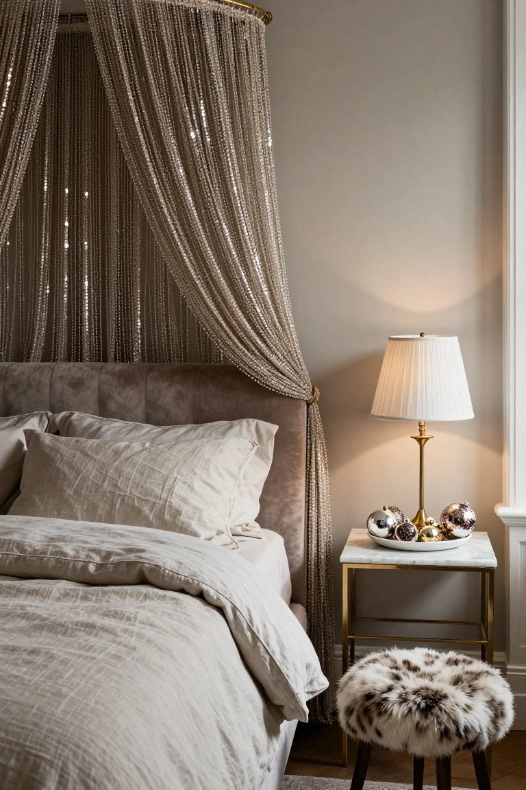 Beige upholstered bed with beaded canopy in a light gray bedroom, gold lamp on marble nightstand with sequin Christmas ornaments in white dish, and fur-covered stool nearby.