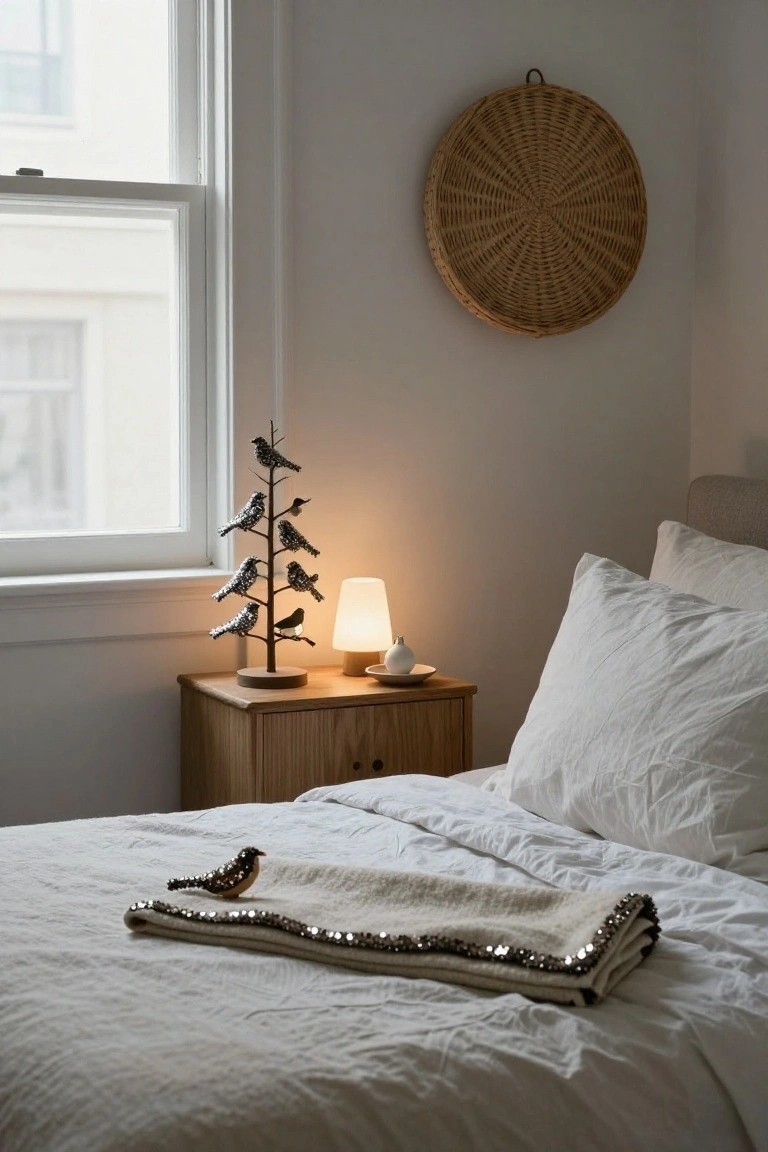 Bedroom corner showing a white bed with sequin-edged throw blanket and small sequin bird ornament on it, metal bird tree lamp on wooden nightstand, woven wall hanging, and window light.