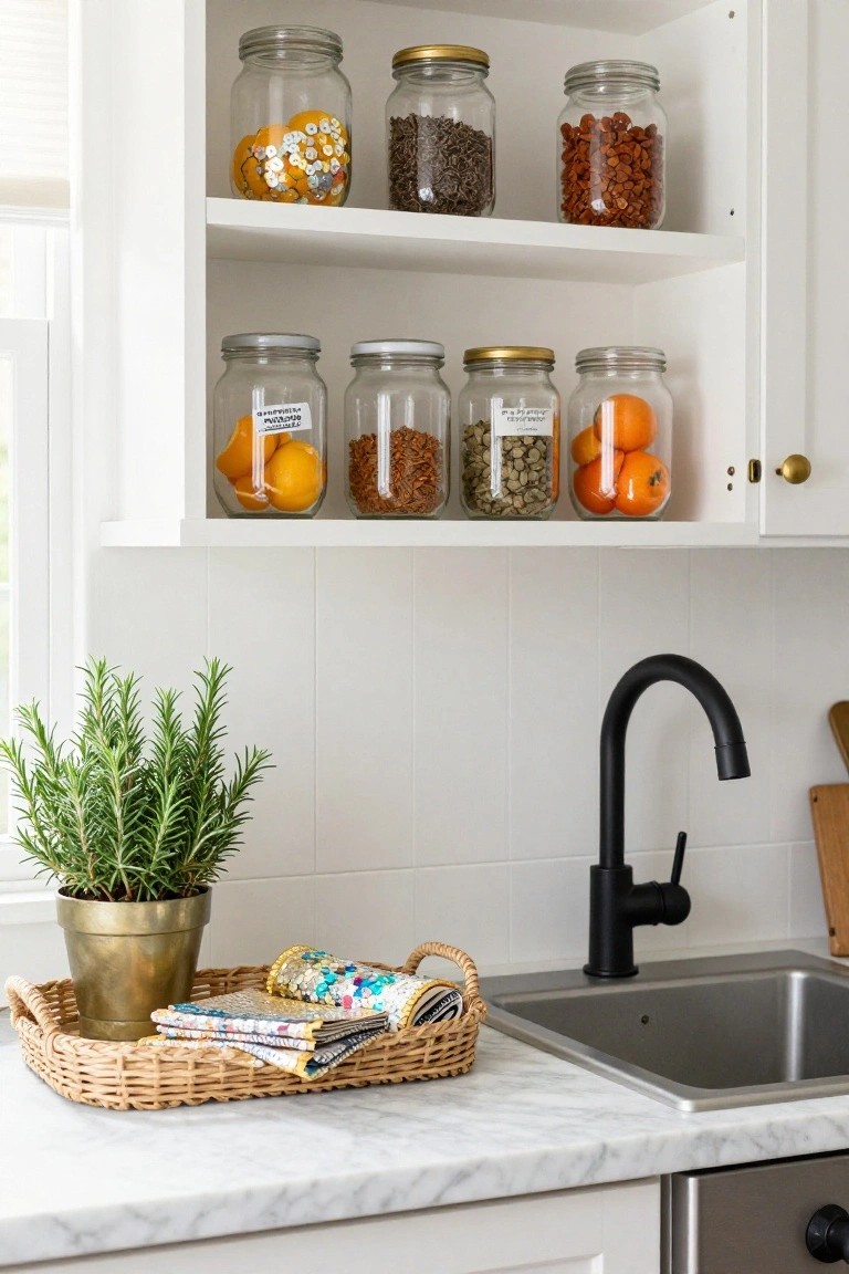 White kitchen with open upper shelves holding glass jars filled with sequin-covered oranges, lemons, nuts, and spices, beside a black faucet sink, brass potted rosemary plant, and woven tray with colorful magazines on marble countertop.