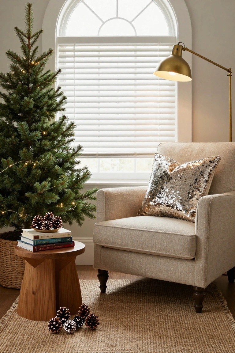 Beige armchair with gold sequin pillow in a light room corner featuring a lit Christmas tree, wooden side table with books and pinecones, gold arc lamp, white blinds on arched window, and seagrass rug.