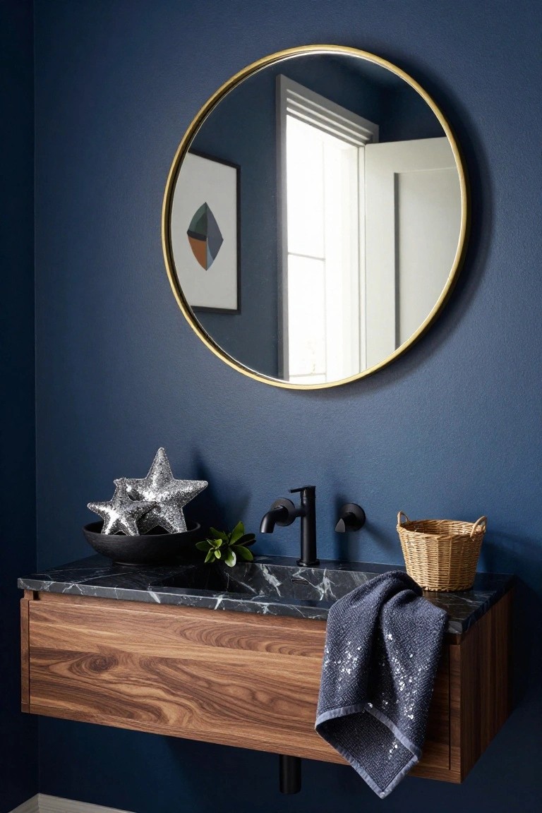 Navy blue bathroom with floating walnut wood vanity, black marble countertop, black wall-mount faucet, gold-framed round mirror, two silver sequin star ornaments in black bowl with greenery, woven basket, and navy sequin towel draped over edge.
