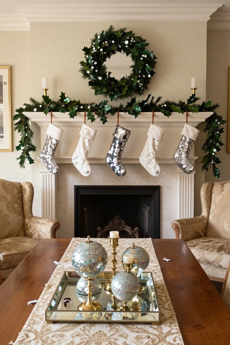 A living room fireplace mantel draped in green holly garland with white and silver sequin Christmas stockings hanging from leather straps, flanked by beige wingback chairs and a wooden coffee table holding a mirrored tray of metallic globes and candles.
