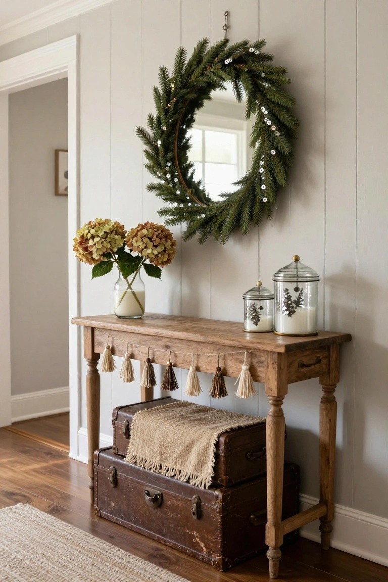 Beige shiplap wall in an entryway with a round mirror hung on a large evergreen wreath covered in sequins, above a rustic wooden console table holding hydrangeas in a milk bottle vase, two glass candle jars, and a vintage trunk draped in burlap.