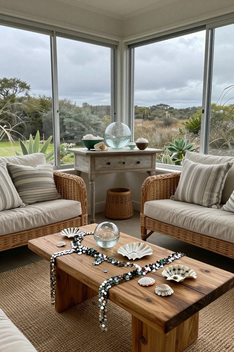 Sunroom corner with two wicker armchairs, wooden coffee table draped with beaded shell garlands and scattered shells, glass orbs and bowls on a side table, large windows showing coastal plants and landscape.