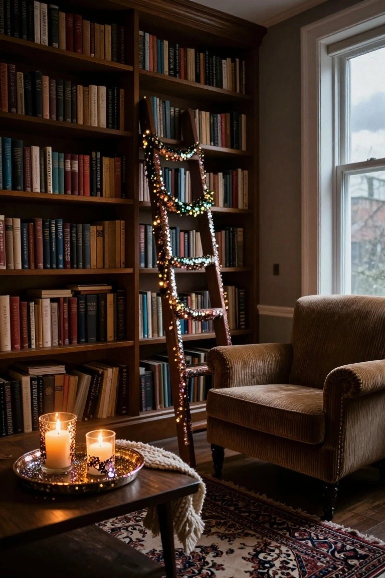 Tall wooden bookshelves filled with books in a dimly lit room, with a wooden ladder wrapped in green garland and multicolored fairy lights leaning against the shelves, a brown velvet armchair nearby, a low wooden table holding a silver tray with three lit candles, and a window showing a cloudy sky outside.