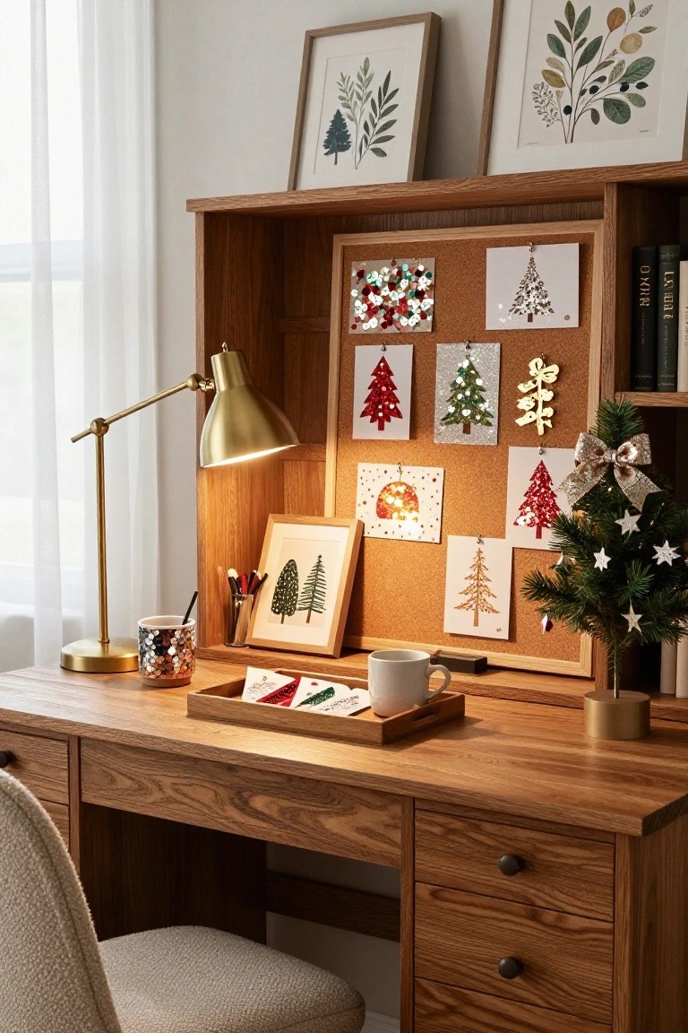 Wooden desk with hutch and corkboard decorated with glittery Christmas cards, sequin-like tree ornaments, and small artificial tree, plus desk lamp, mug, and pencils.