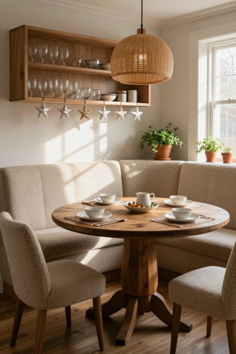 Cozy beige booth seating around a round wooden pedestal table set with white bowls, teapot, and fruit in a light-filled kitchen nook, with wooden open shelves holding glassware and dangling silver and gold star ornaments, rattan pendant light overhead, potted herbs by the window, and hardwood floors.
