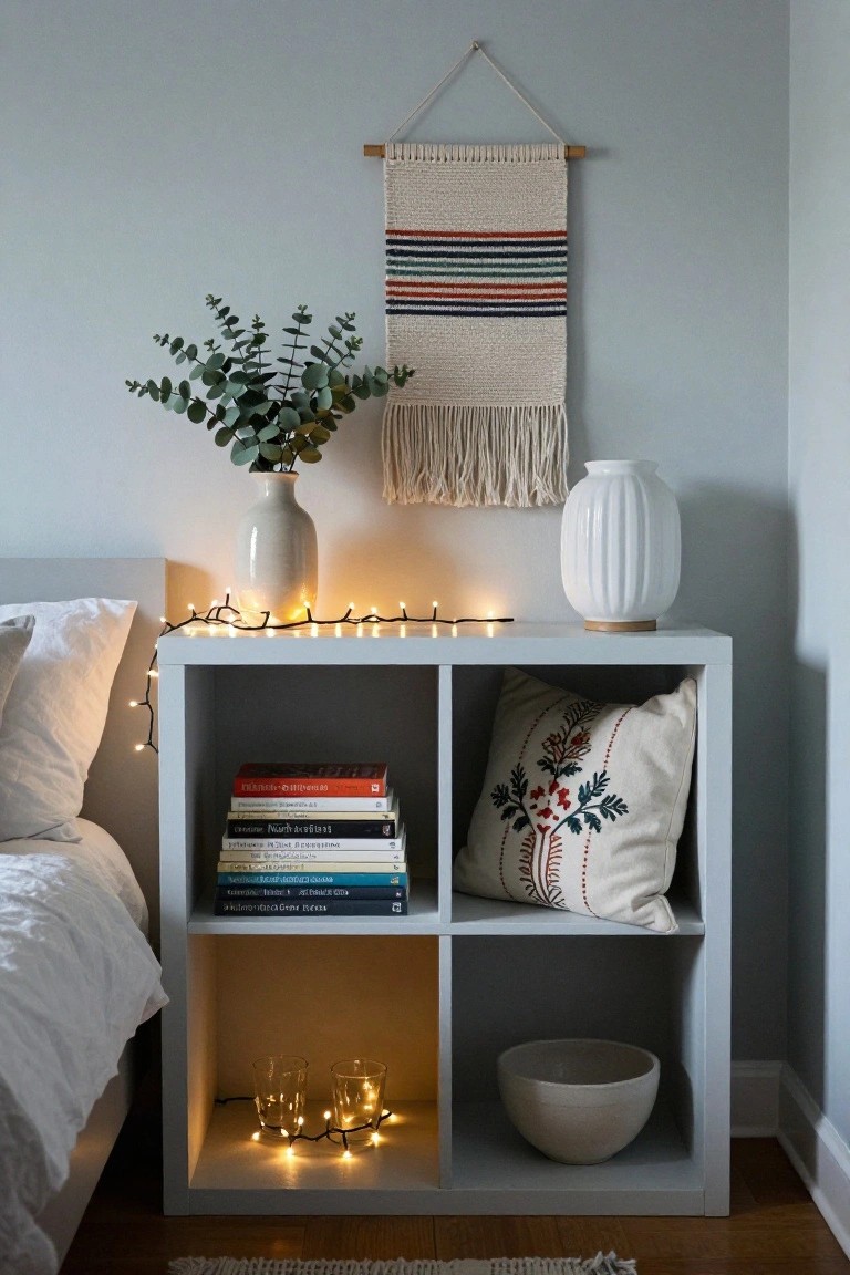 White cube shelf beside a bed with black string lights wrapped around the edges and bottom shelf, books stacked on one side, embroidered pillow on another, glass tumblers and bowl in the bottom cubby, eucalyptus in vase on top, woven wall hanging above, light blue wall.