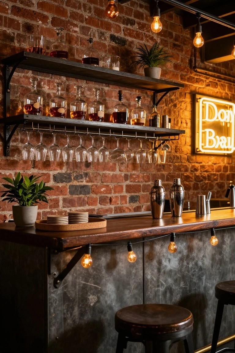 Cozy bar with brick wall, hanging glasses, and warm string lights.