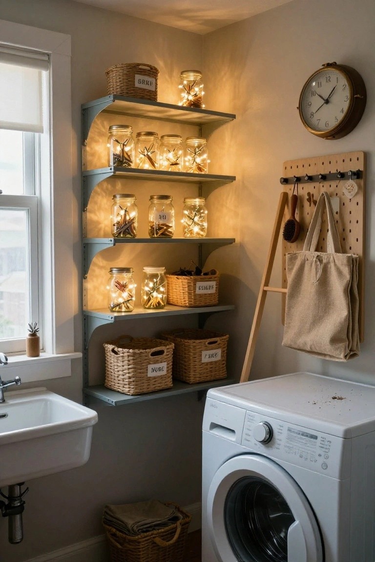 A laundry room with gray open shelves holding glass jars filled with fairy lights and spices or twigs, wicker baskets labeled with contents, a white front-loading washer, porcelain sink, wooden pegboard wall with hooks and bags, and a small potted plant on the windowsill.