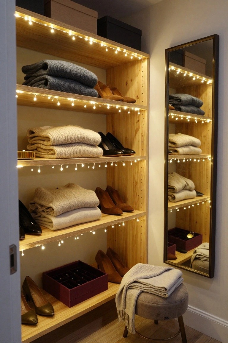Wooden closet shelves lined with warm white fairy lights, displaying folded sweaters in gray and beige, high-heeled shoes in various colors, shoe boxes, and a full-length mirror reflecting the setup.
