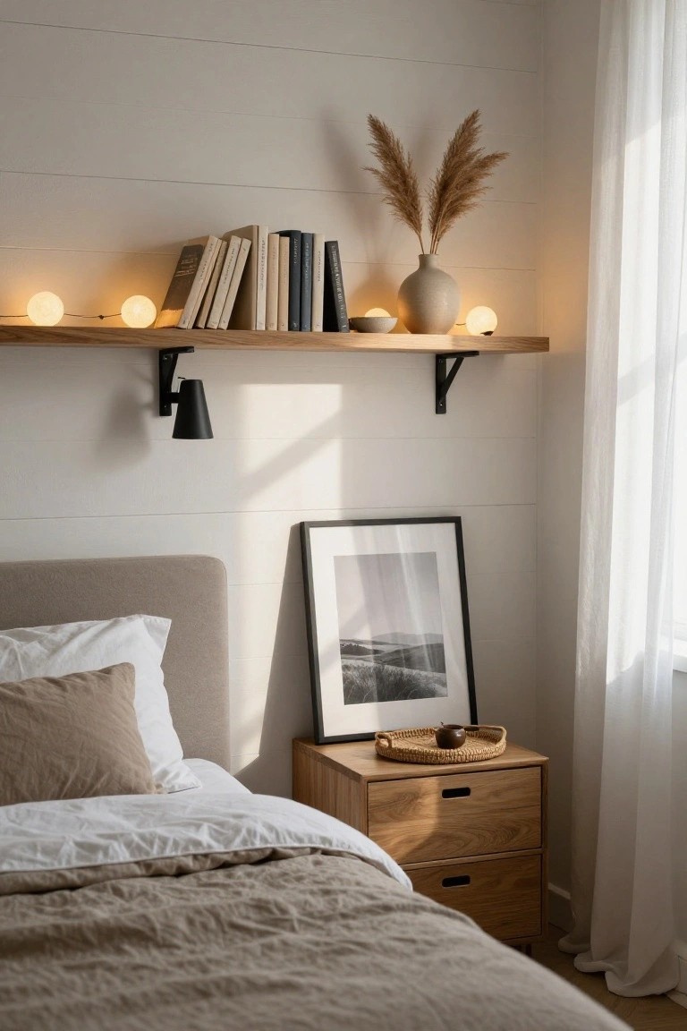 Bedroom corner featuring a wooden floating shelf with books, pampas grass in a beige vase, small white string lights draped along the front, a black wall lamp, framed photo, bed with beige linens, wooden nightstand, and sheer window curtain.