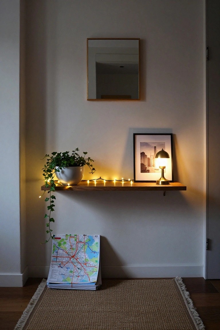 Wooden floating shelf on white wall holds white pot of trailing ivy plant wrapped in fairy lights, brass desk lamp, black-framed photo of city skyline, with gold-framed mirror above, folded city map on floor, and jute rug below.