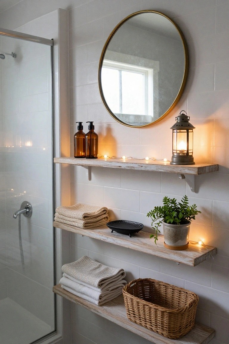 White tiled bathroom wall with glass shower door, floating wooden shelves holding beige towels, amber glass bottles, black dish, potted green plant, woven basket, and fairy lights, next to a large round gold mirror and metal lantern.