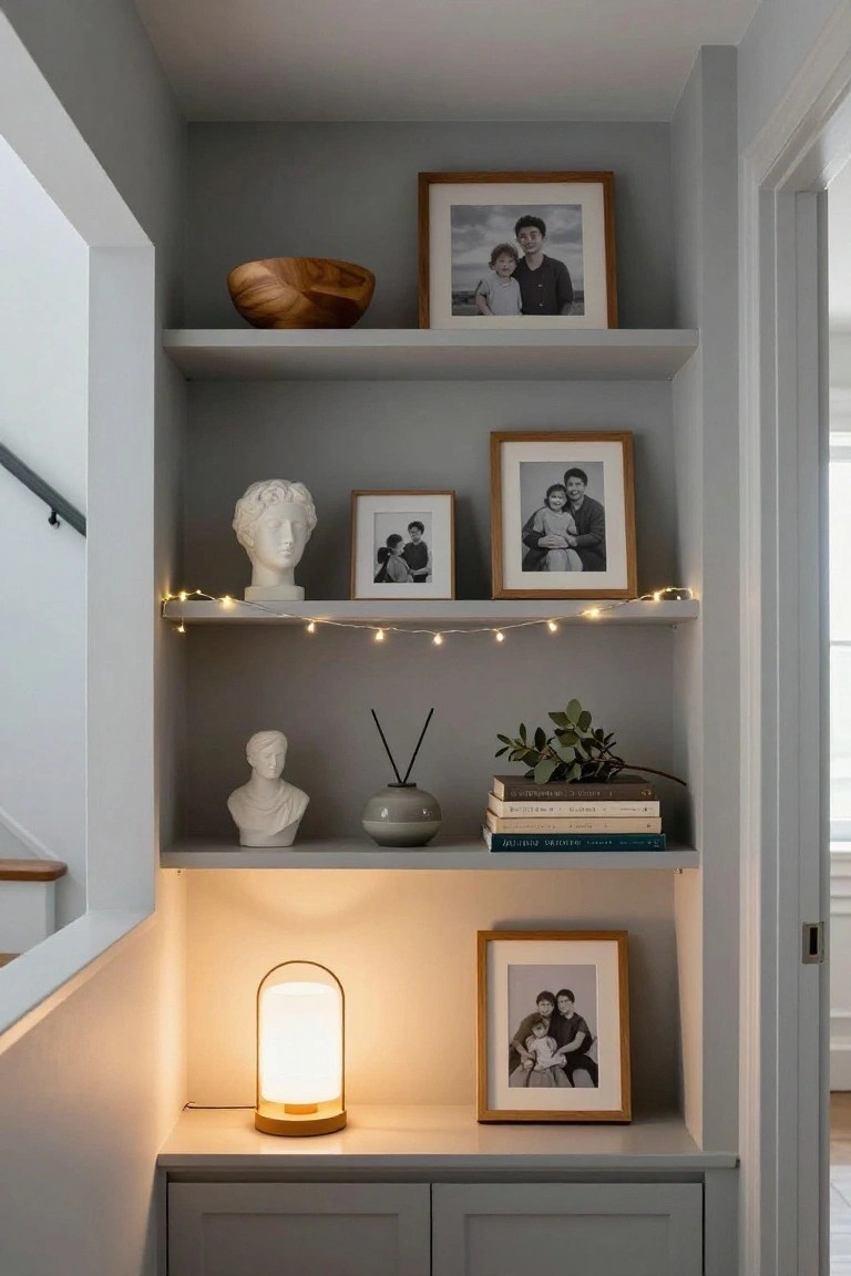 Gray built-in open shelving unit in a hallway with wood bowl, white bust sculptures, family photos in wood frames, books, potted plant, diffuser, table lamp, and white fairy lights strung along the shelves.