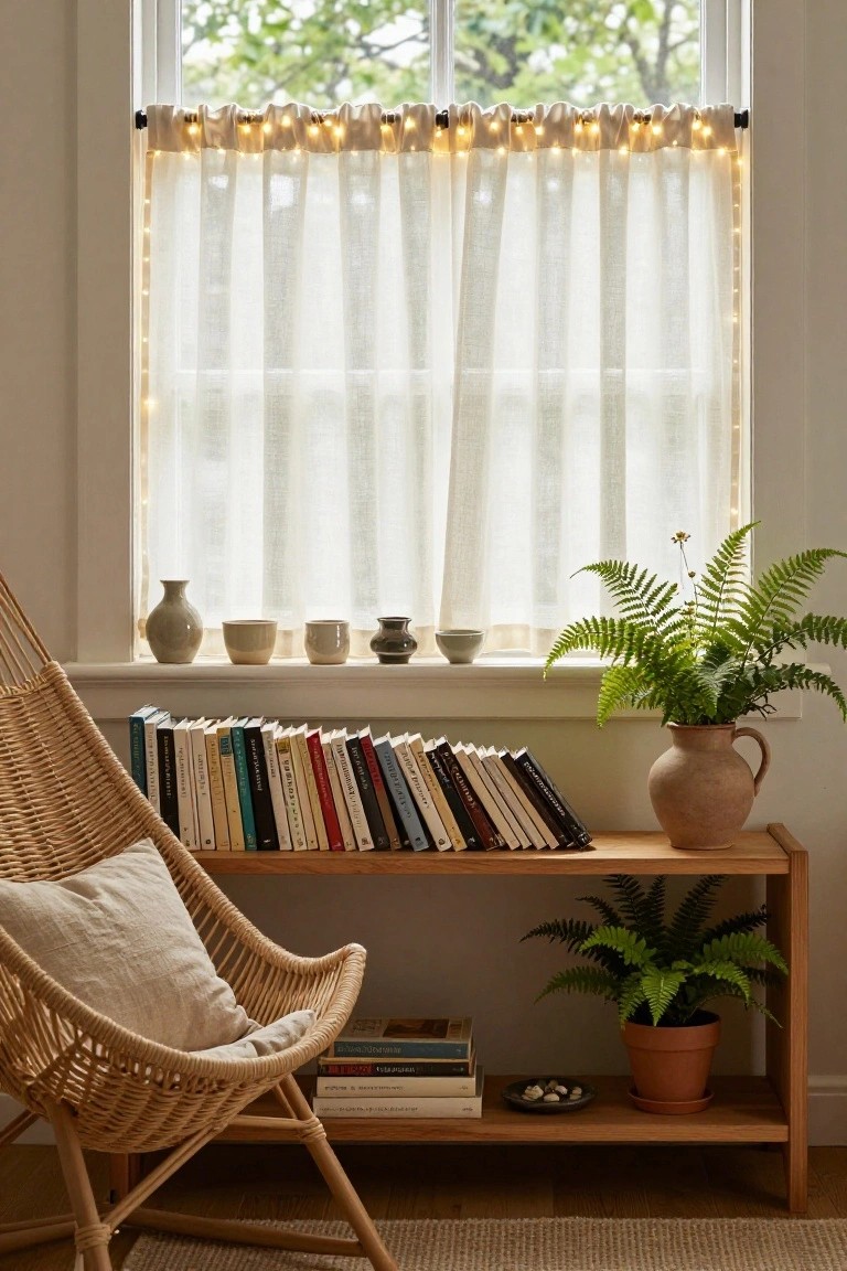 Indoor window nook with sheer cafe curtains strung with fairy lights above a wooden shelf holding colorful books, pottery vases, ferns in pots, and a rattan armchair with cushion nearby.