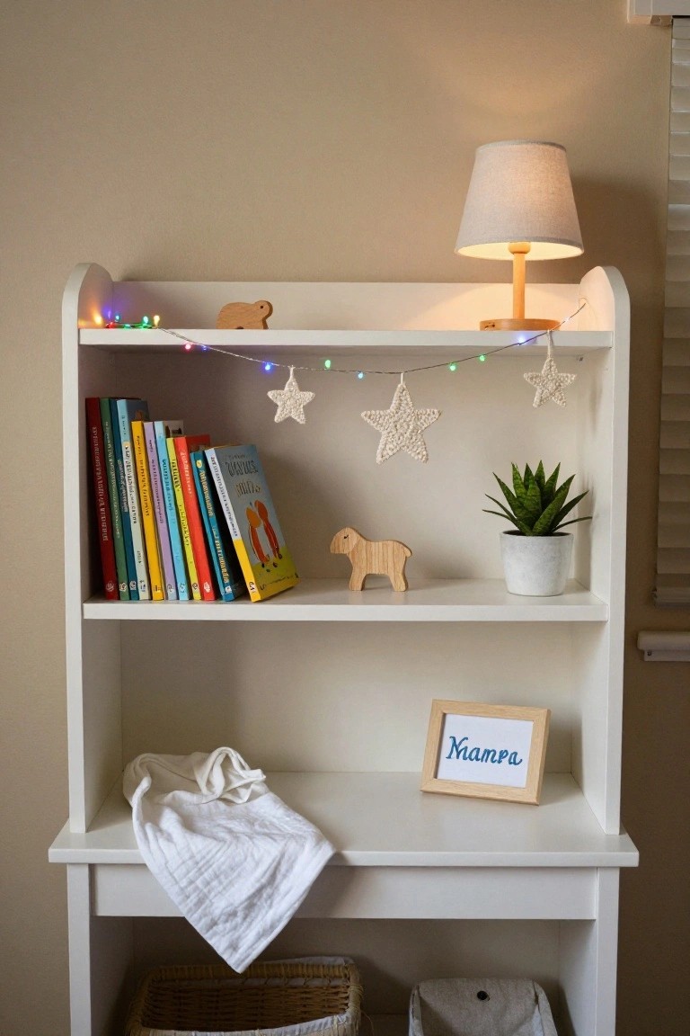 White wooden shelf unit in a beige nursery room with multicolored fairy lights strung along the top shelf, children's books, wooden horse and bear toys, potted succulent plant, crocheted stars, lamp, and framed "Мама" sign on lower shelf.