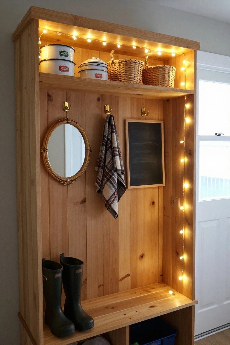 Wooden entryway shelf unit with white fairy lights strung along the top and side edges, featuring enamelware pots and baskets on top shelves, a round mirror, plaid towel on hooks, chalkboard, black rubber boots below, and blue bin in the base cubby, next to a white door.