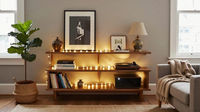 Wooden credenza with string lights along shelves holding books and a record player, flanked by ceramic lamps and a potted fiddle leaf fig plant next to a beige sofa in a light room.