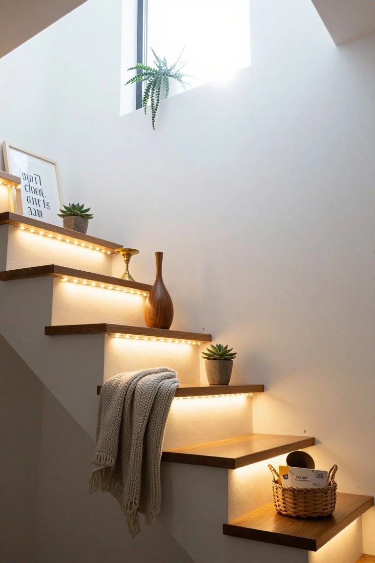 Modern white staircase with floating wooden shelves lit by warm LED strip lights underneath, holding potted succulents, a wooden vase, framed artwork, a draped knit blanket, and a wicker basket with papers.