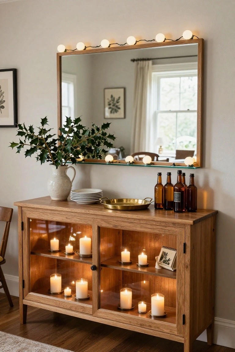 Wooden framed mirror with white bulb string lights along the edges above a matching oak glass-door cabinet containing lit pillar candles on shelves, sideboard topped with holly branches in a white jug, stacked white plates, brass tray holding brown glass bottles, next to a wooden chair in a light room.