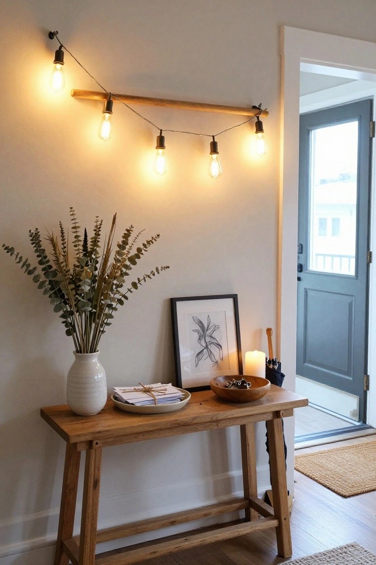 Indoor entryway with a wooden console table holding a white vase of dried eucalyptus branches, a wooden bowl with decorative items, a small plate, candle, and black framed artwork, string lights draped from a wooden rod on the beige wall, next to a blue door with a woven mat outside.