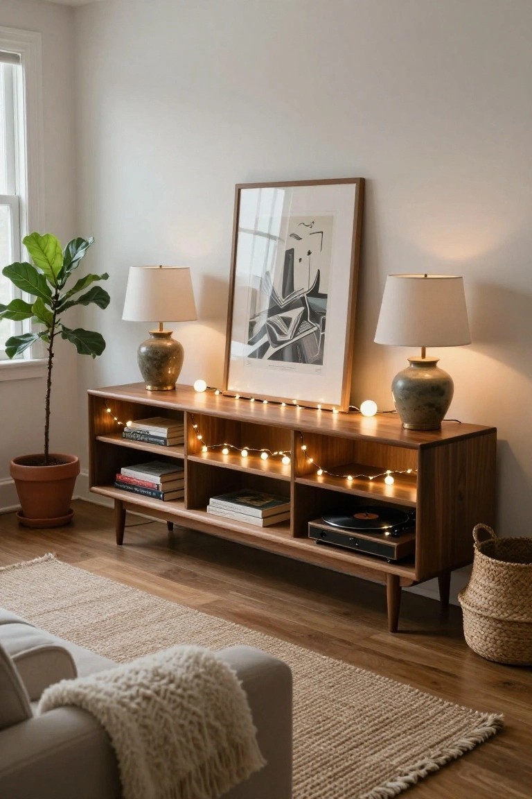 Wooden credenza with string lights along shelves holding books and a record player, flanked by ceramic lamps and a potted fiddle leaf fig plant next to a beige sofa in a light room.
