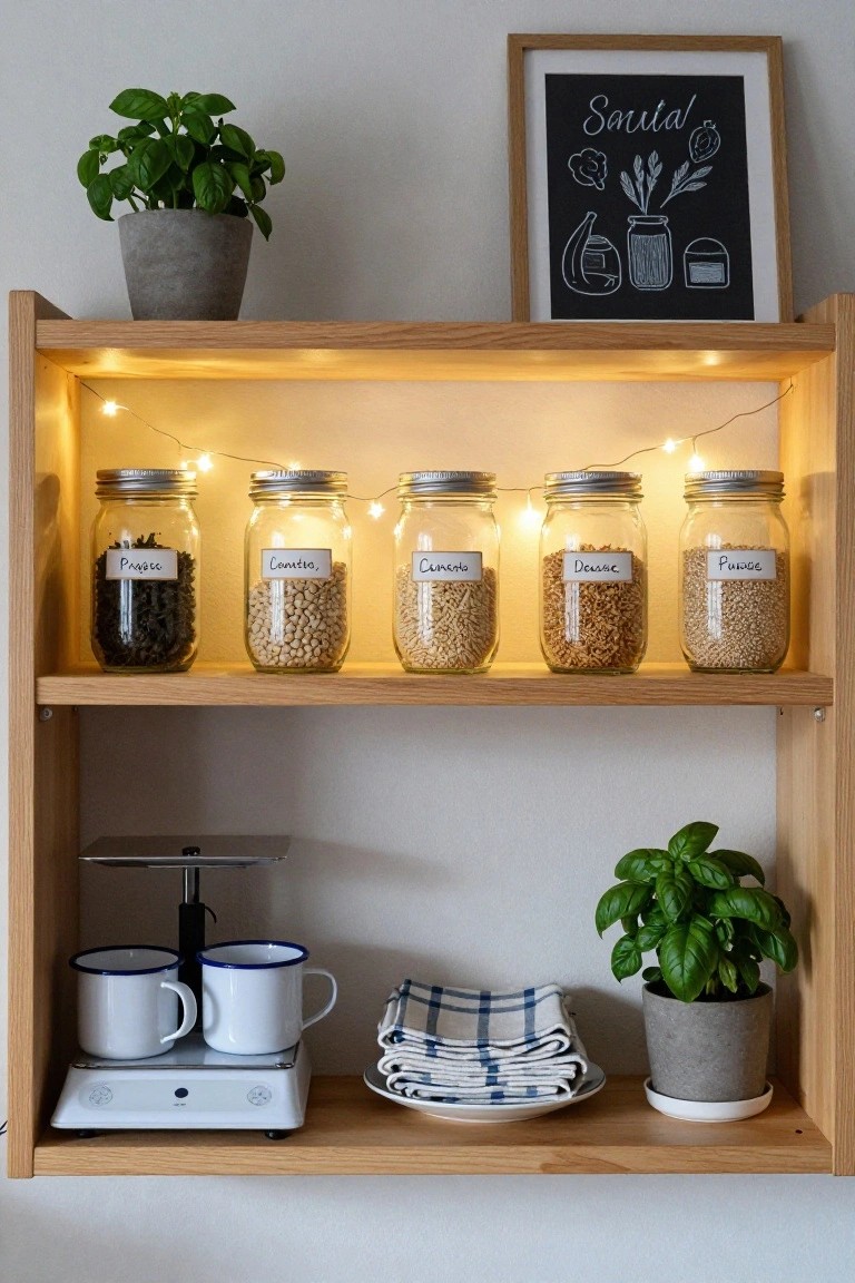 Wooden open shelf unit lit with string lights around mason jars labeled with spices and grains on the top shelf, plants and a kitchen scale with mugs on the lower shelf.