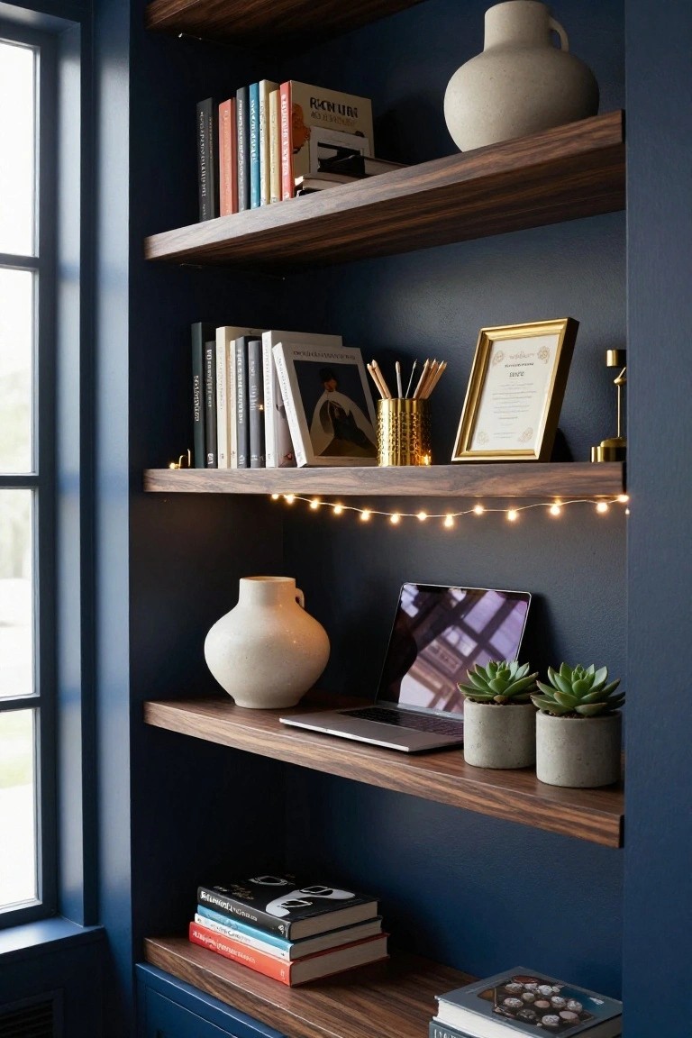Navy blue built-in bookshelves with walnut wood shelves holding assorted books, a laptop, potted succulents, white vases, and gold desk accessories, illuminated by small white string lights strung along the undersides of the shelves next to a window.