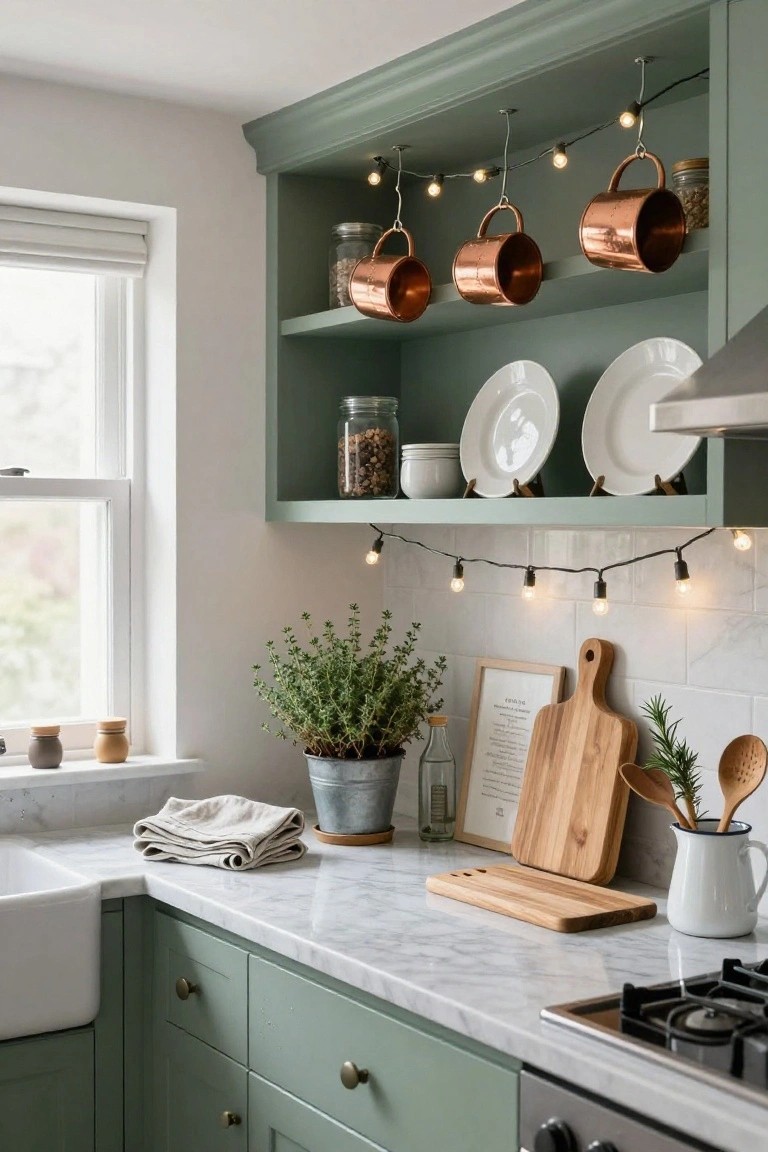 Kitchen corner with sage green open shelves displaying copper pots, jars, and white plates, marble countertop with wooden cutting board and herbs, farmhouse sink, and string lights with bulb shades hanging underneath the shelves.